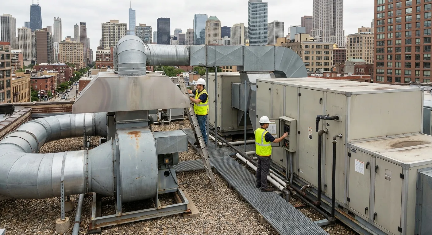 Commercial exhaust fan on restaurant rooftop