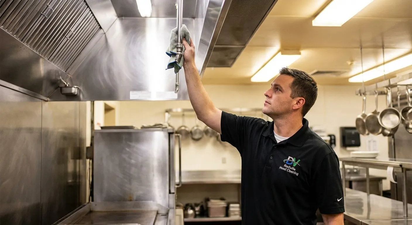 Professional hood cleaning technician servicing a restaurant exhaust system in Nashville