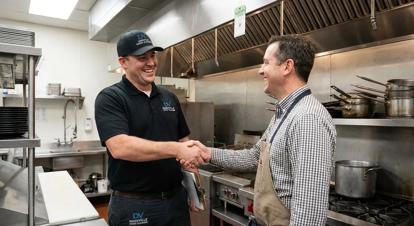 Satisfied restaurant owner with Nashville Hood Cleaning Pros technician